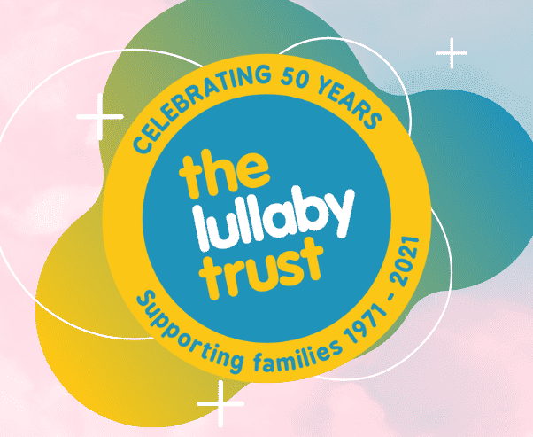 The Lullaby Trust Logo On Pink and Blue background